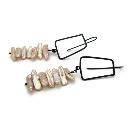 Biwa Pearl Long Earrings in Oxidized Silver