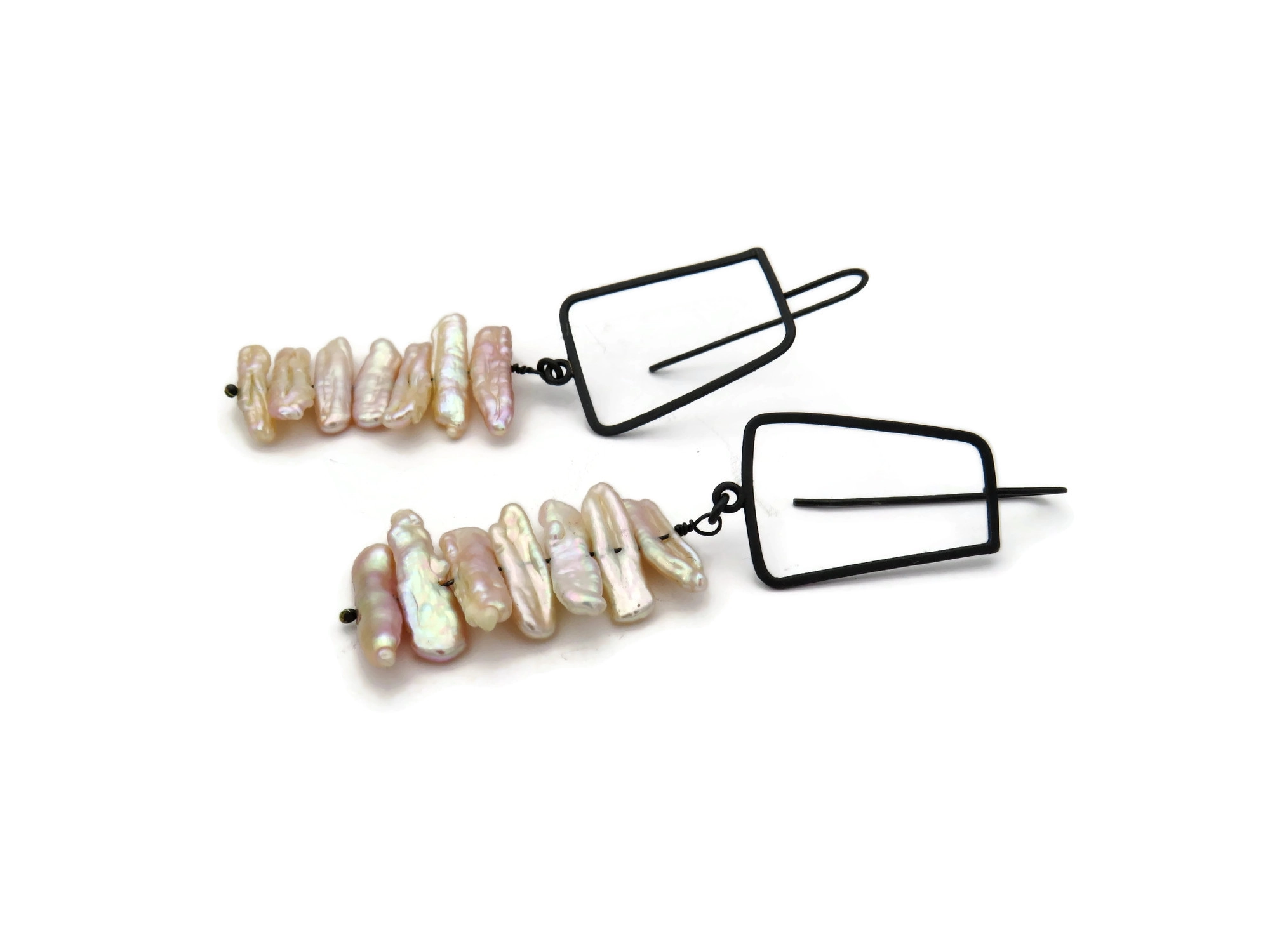 Biwa Pearl Long Earrings in Oxidized Silver