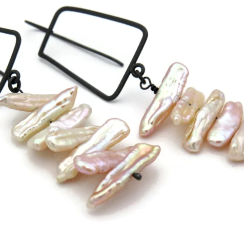 Biwa Pearl Long Earrings in Oxidized Silver