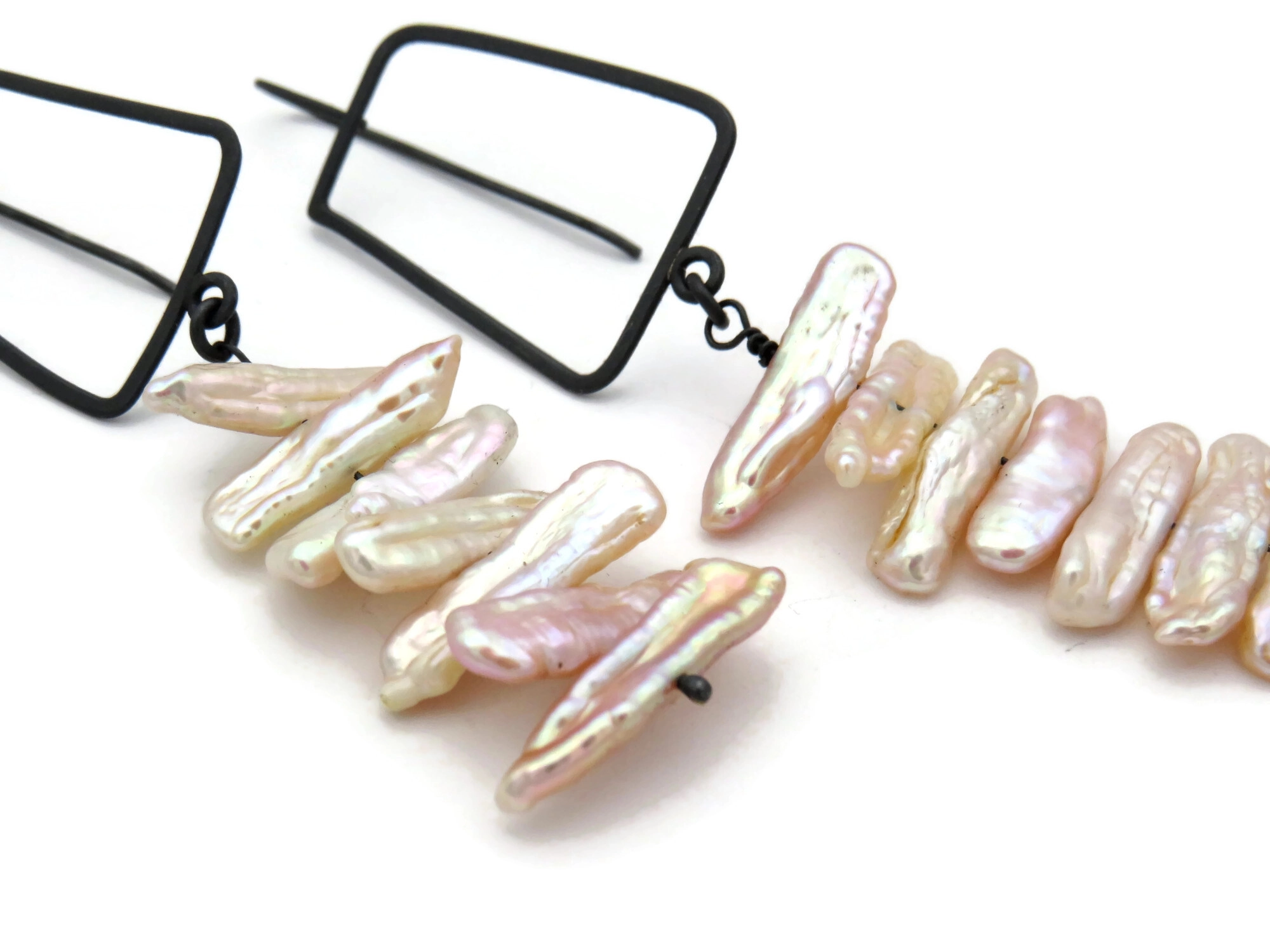 Biwa Pearl Long Earrings in Oxidized Silver