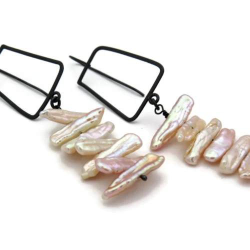 Biwa Pearl Long Earrings in Oxidized Silver
