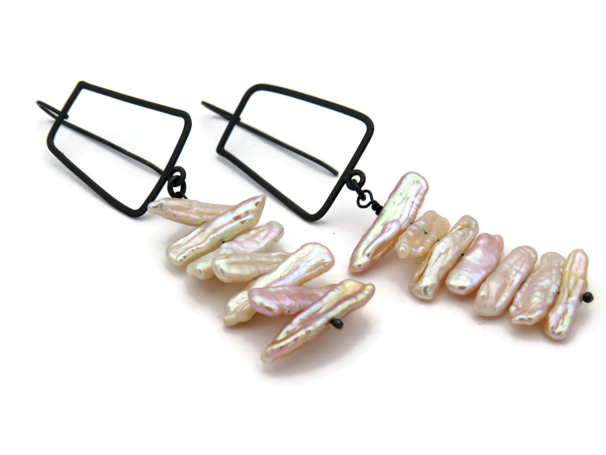 Biwa Pearl Long Earrings in Oxidized Silver