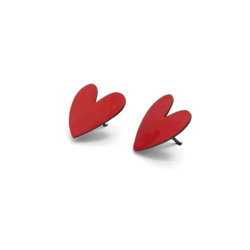 Red Heart Stud Oxidized Silver Earrings