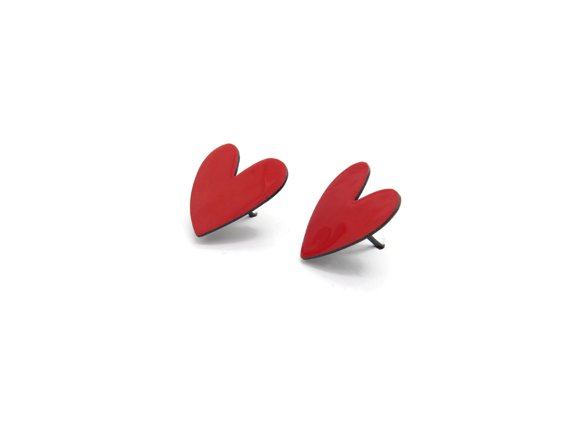 Red Heart Stud Oxidized Silver Earrings