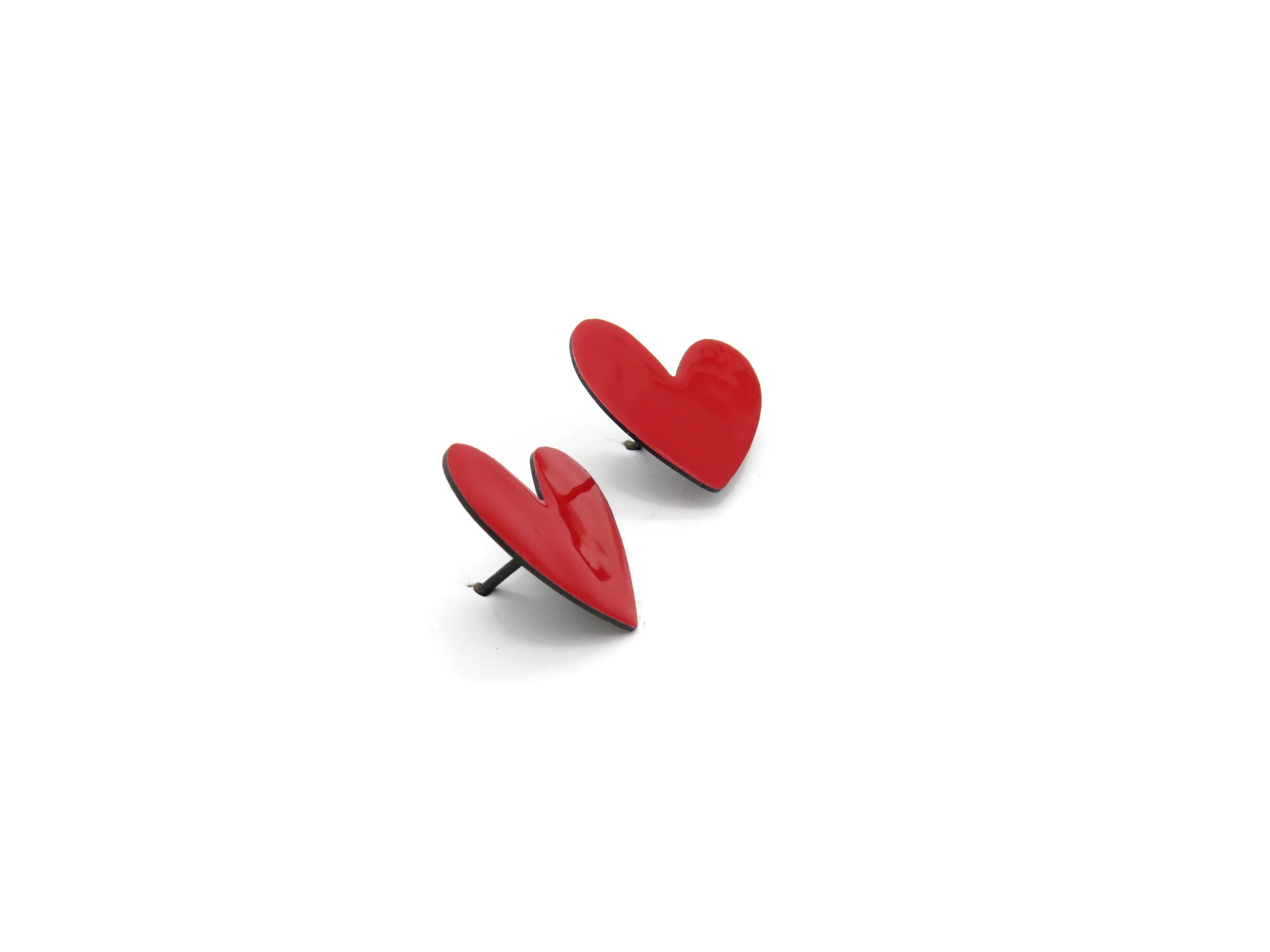Red Heart Stud Oxidized Silver Earrings