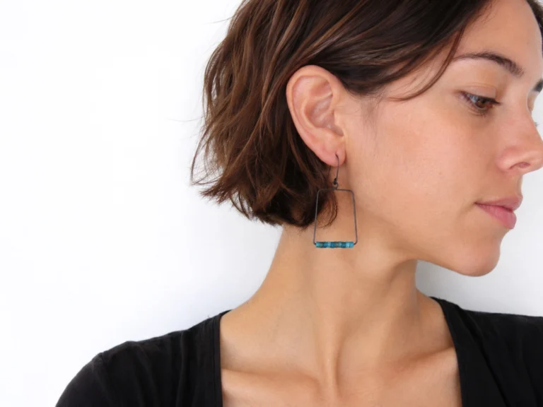 Geometric Oxidized Silver Earrings with Apatite