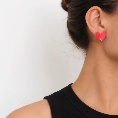 Red Heart Stud Oxidized Silver Earrings