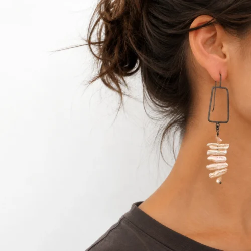 Biwa Pearl Long Earrings in Oxidized Silver