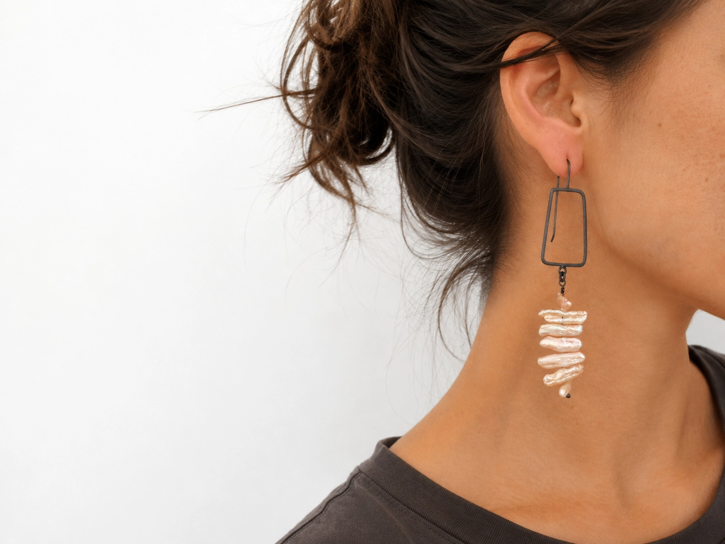 Biwa Pearl Long Earrings in Oxidized Silver