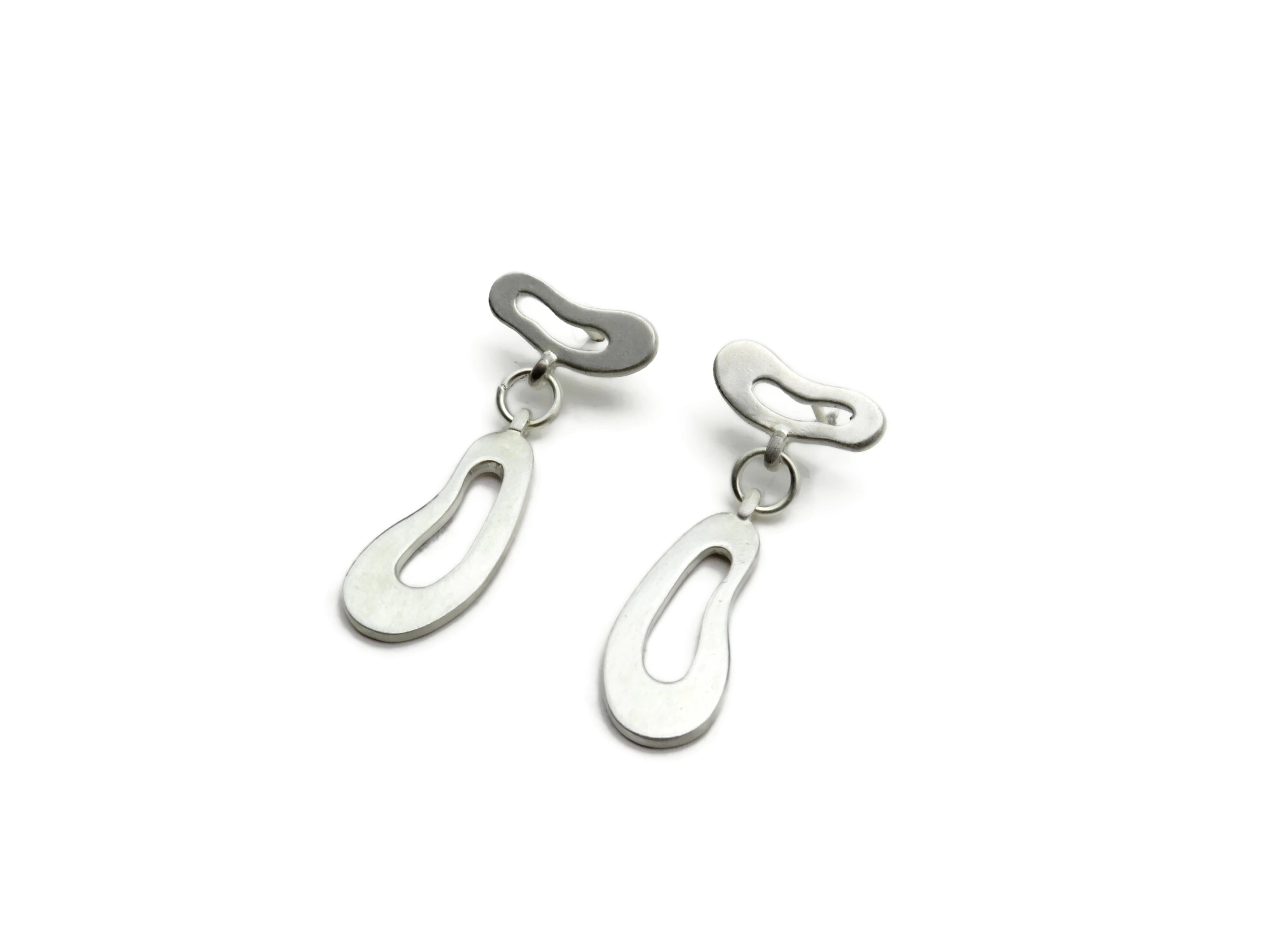 Organic Satin Silver Drop Stud Earrings