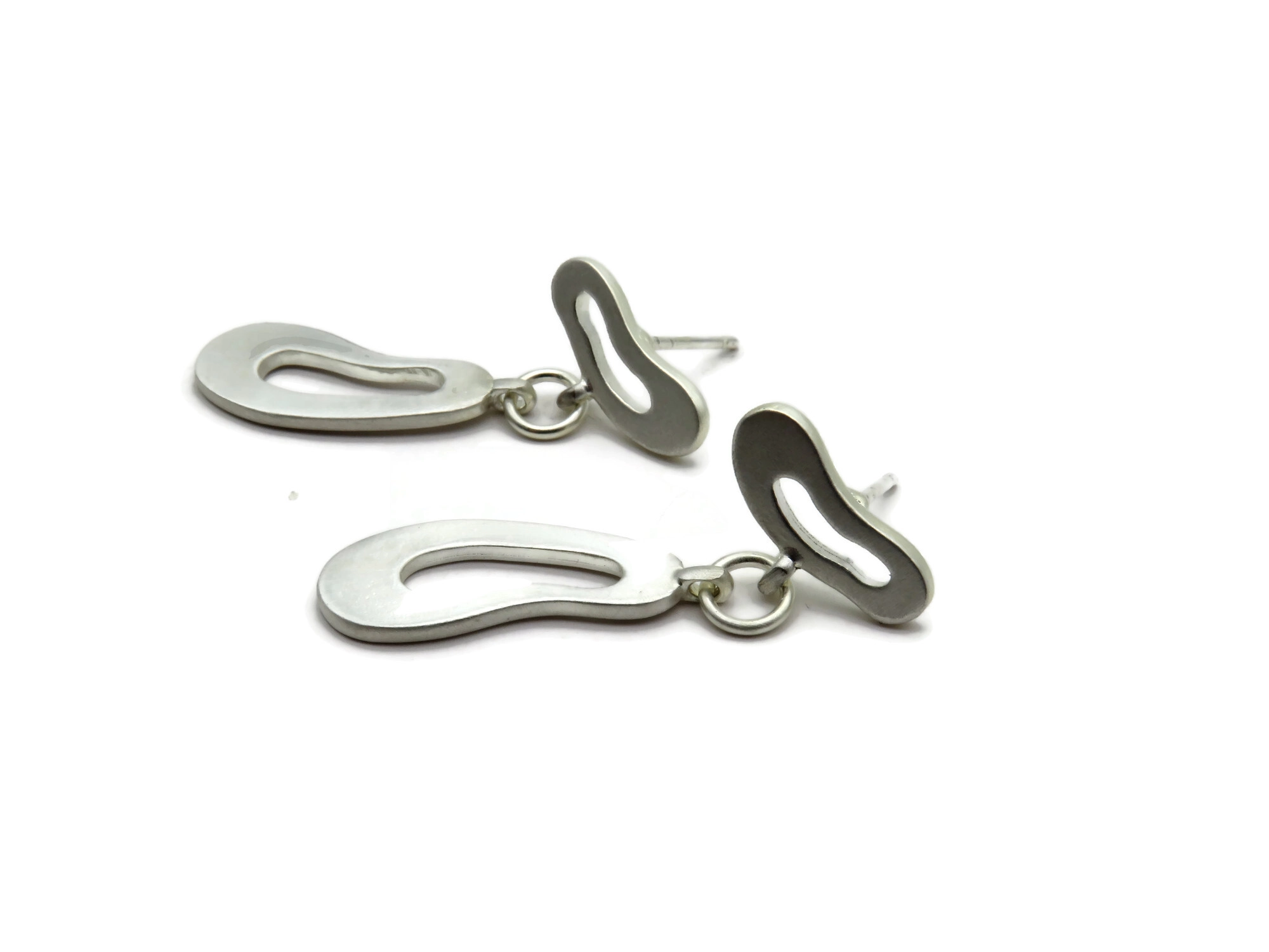Organic Satin Silver Drop Stud Earrings