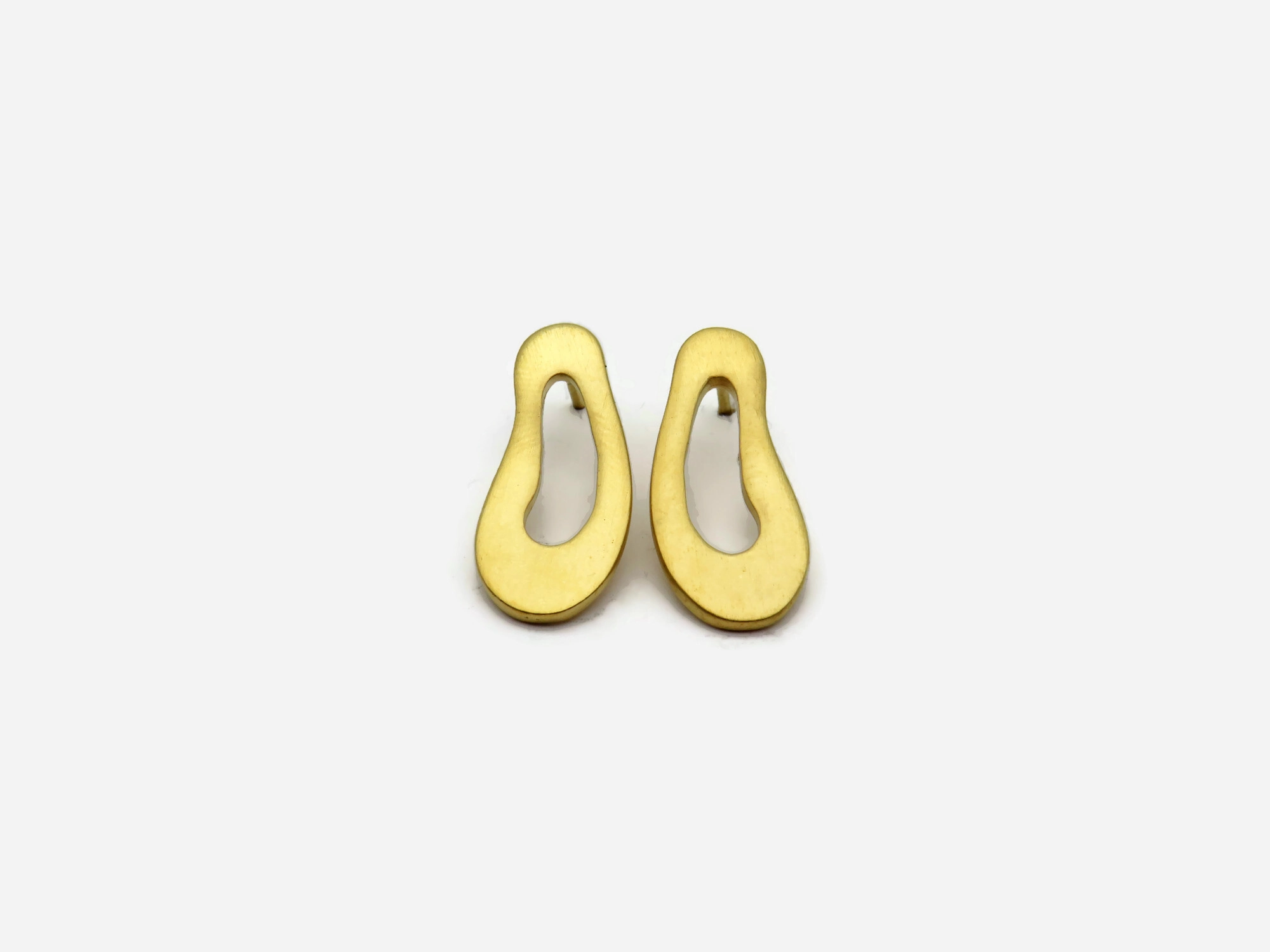Large Organic Satin Gold Stud Earrings - Aqua