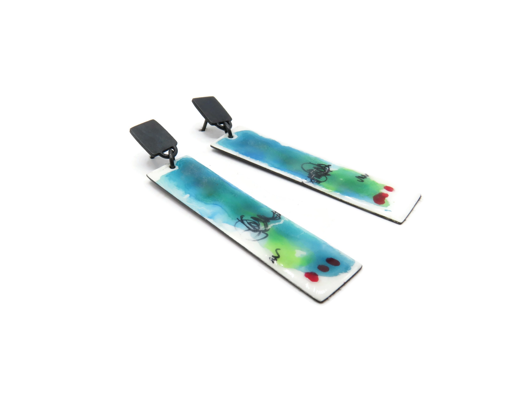 Artistic Enamel Oxidized Silver Earrings