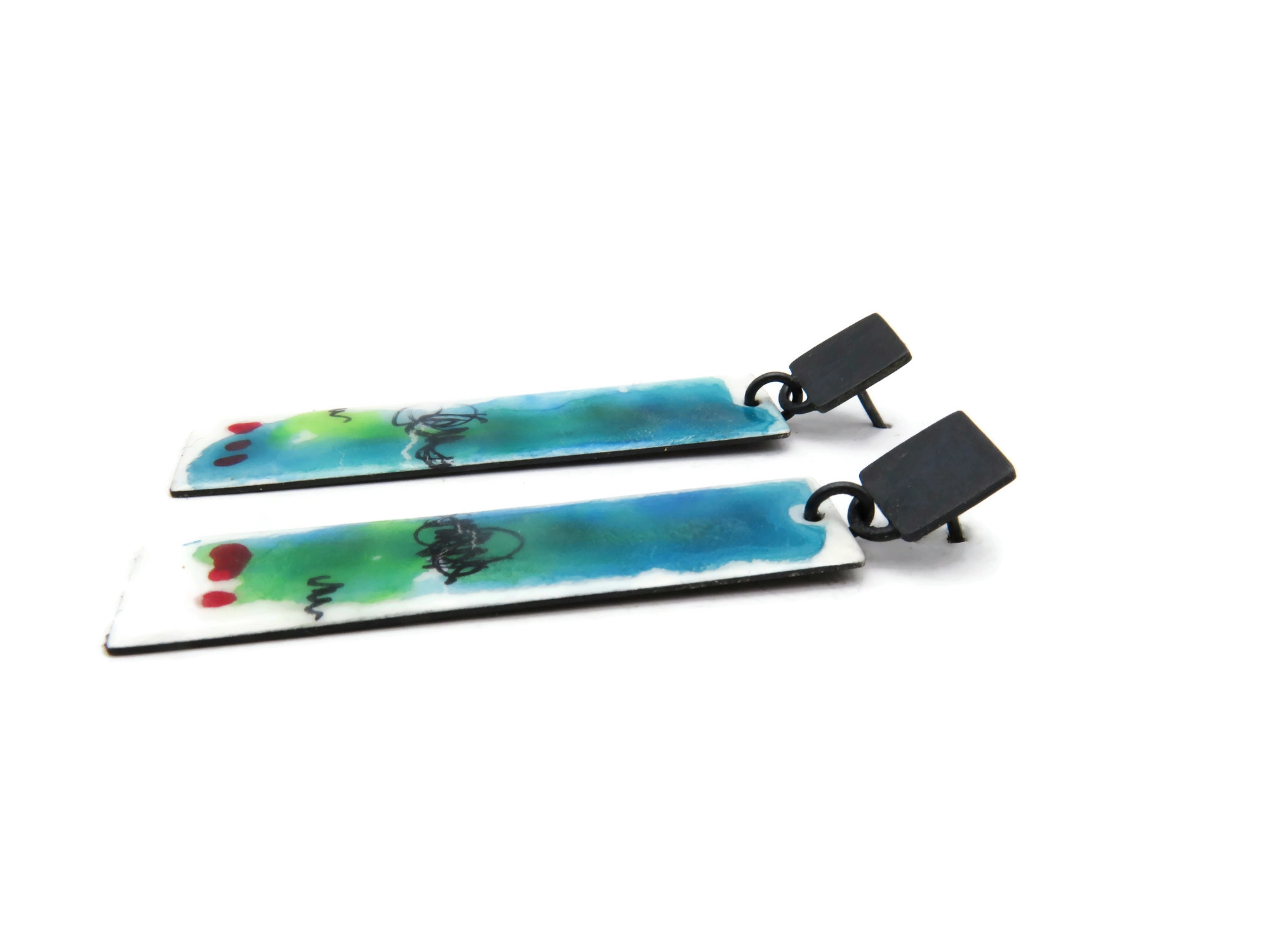 Artistic Enamel Oxidized Silver Earrings