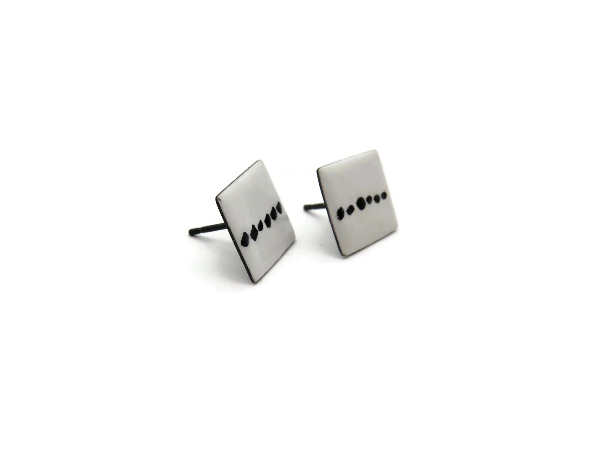 Black and White Enamel Silver Stud Earrings