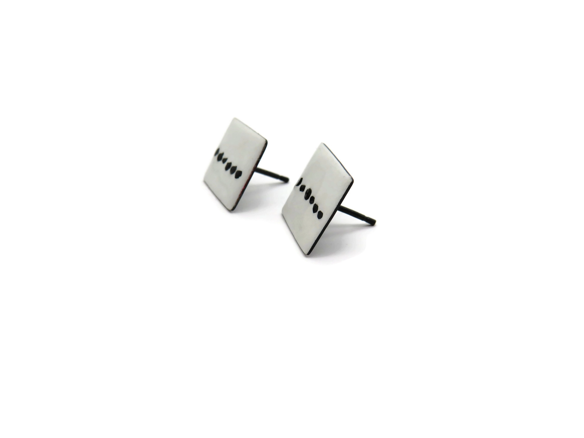 Black and White Enamel Silver Stud Earrings