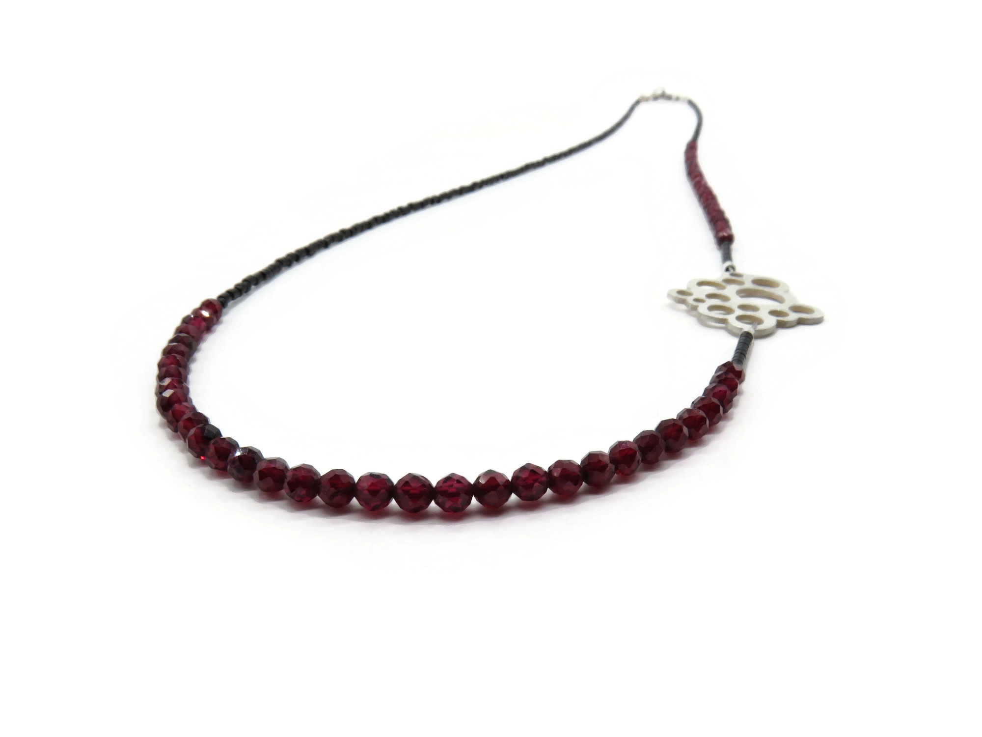 Long Garnet Bead Necklace with Sterling Silver Pendant