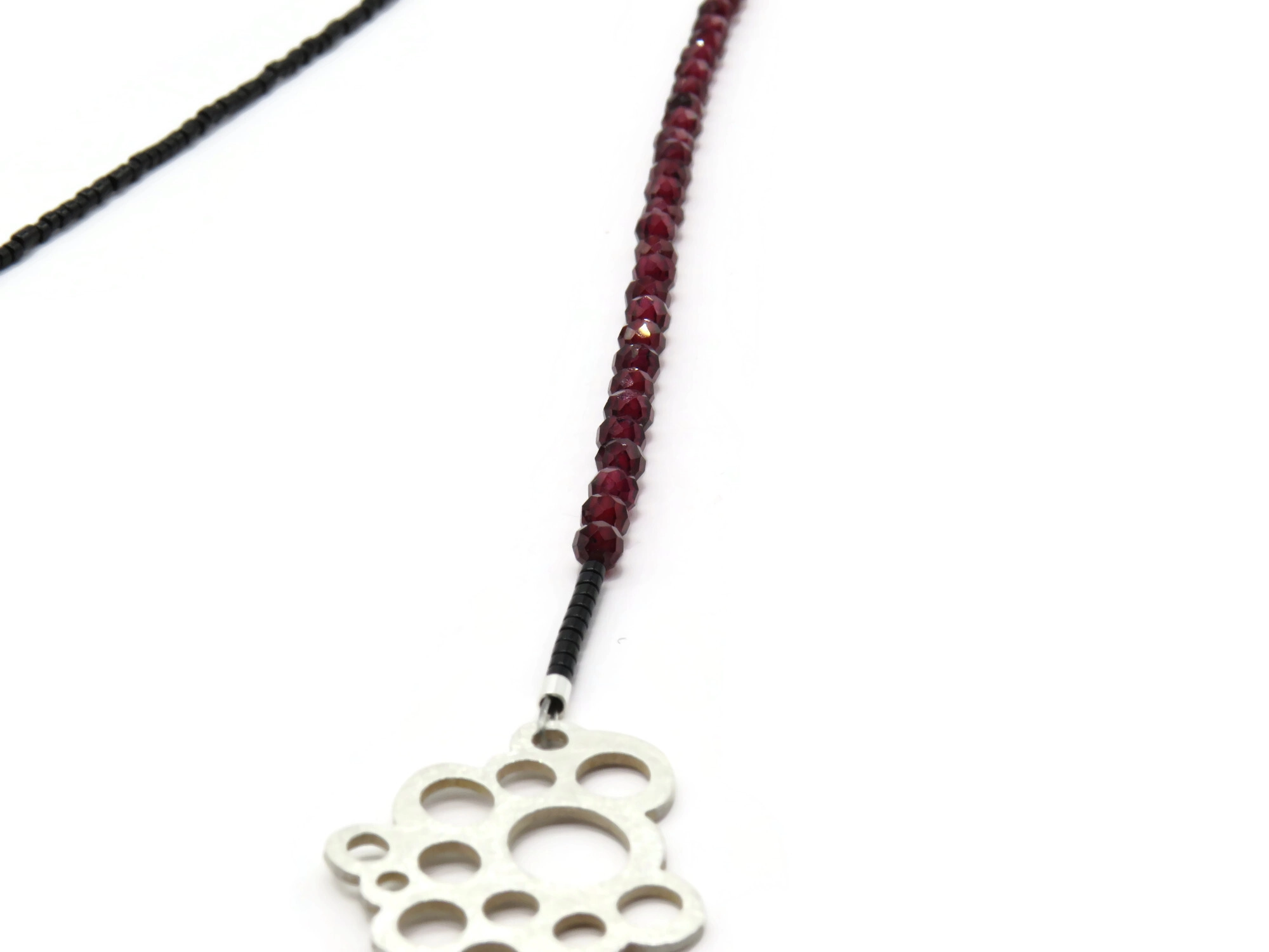 Long Garnet Bead Necklace with Sterling Silver Pendant