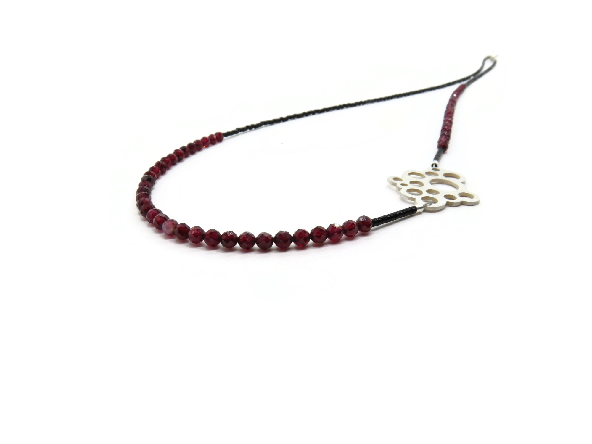 Long Garnet Bead Necklace with Sterling Silver Pendant