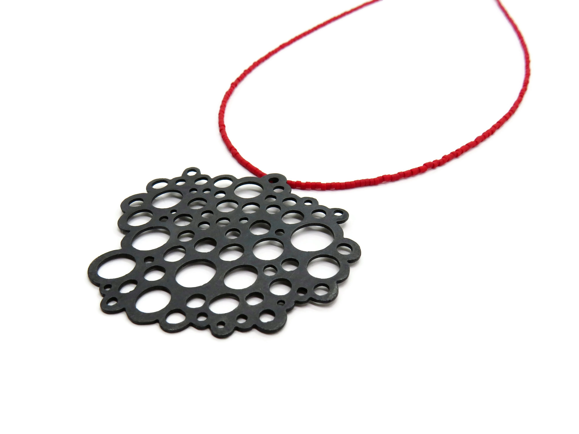 Oxidized Silver Necklace with Red Miyuki Beads