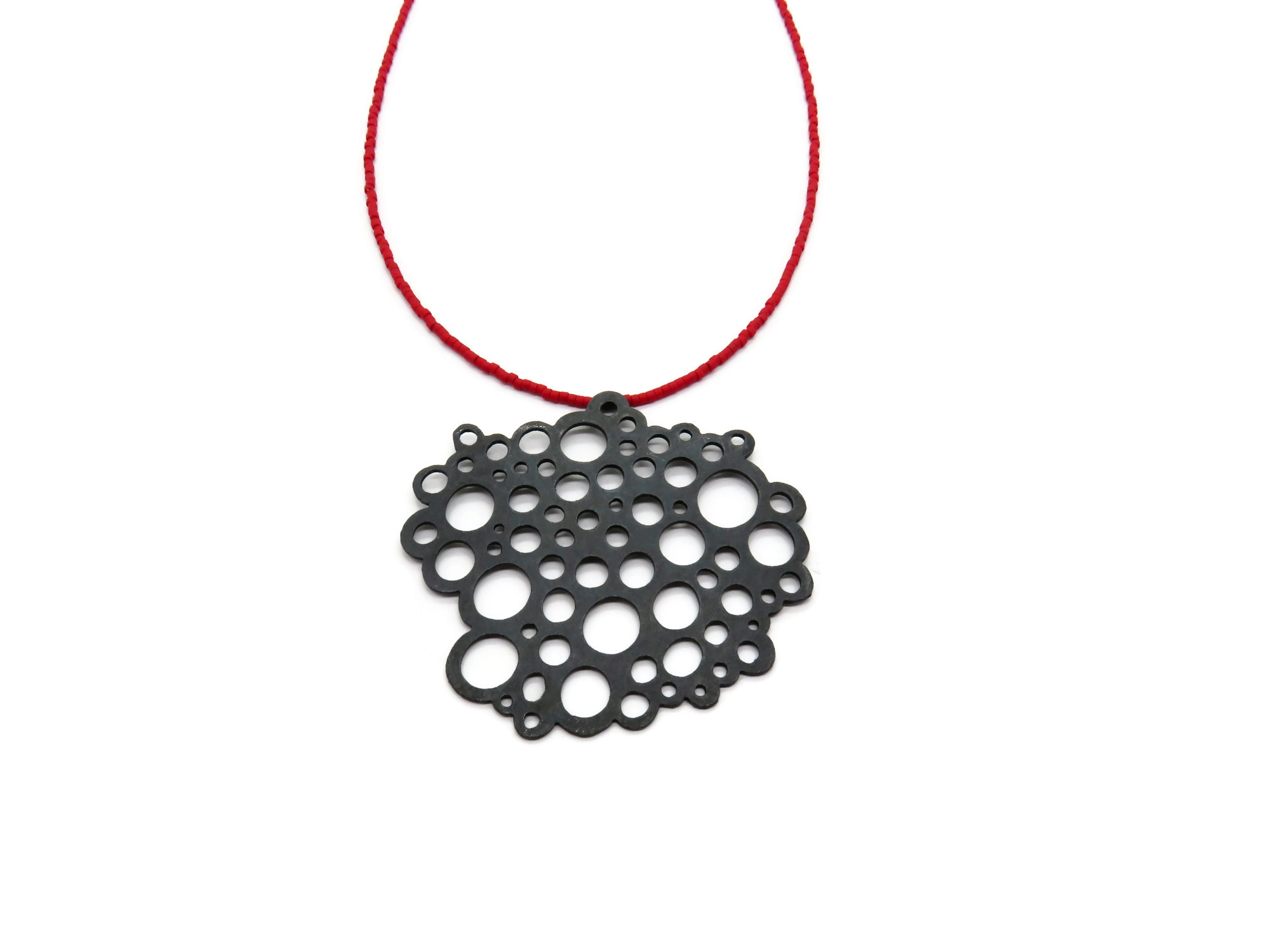 Oxidized Silver Necklace with Red Miyuki Beads