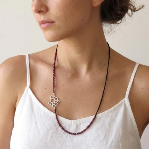 Long Garnet Bead Necklace with Sterling Silver Pendant