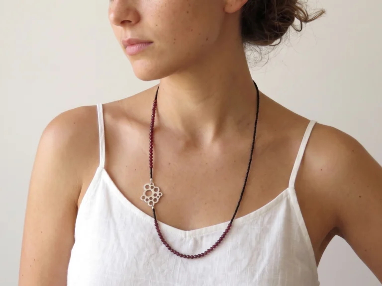 Long Garnet Bead Necklace with Sterling Silver Pendant