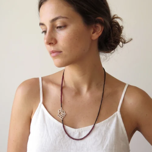 Long Garnet Bead Necklace with Sterling Silver Pendant