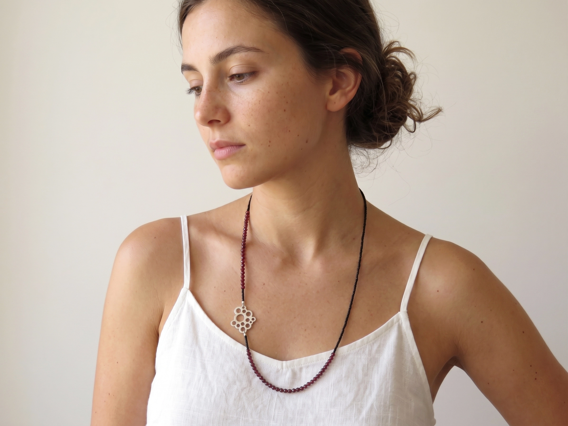 Long Garnet Bead Necklace with Sterling Silver Pendant