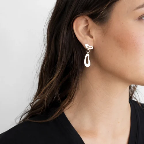 Organic Satin Silver Drop Stud Earrings