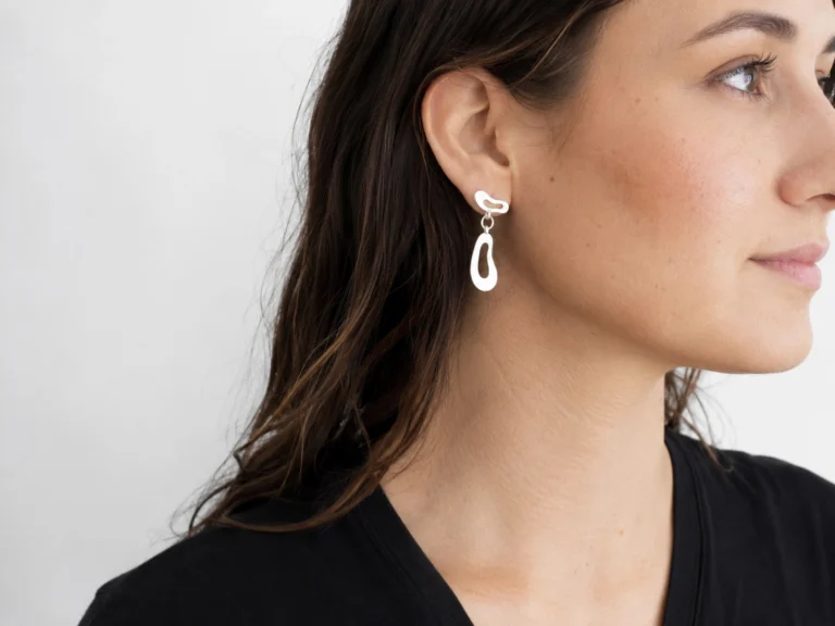 Organic Satin Silver Drop Stud Earrings