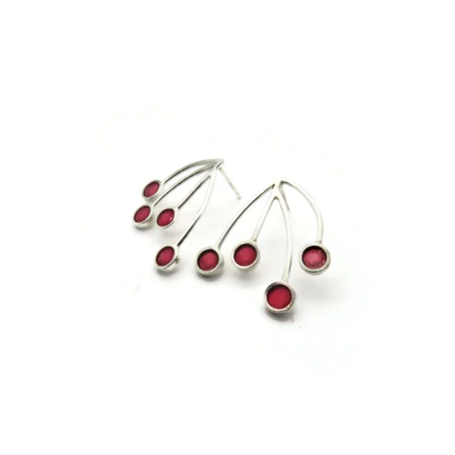 Silver Stud Earrings with Red Resin