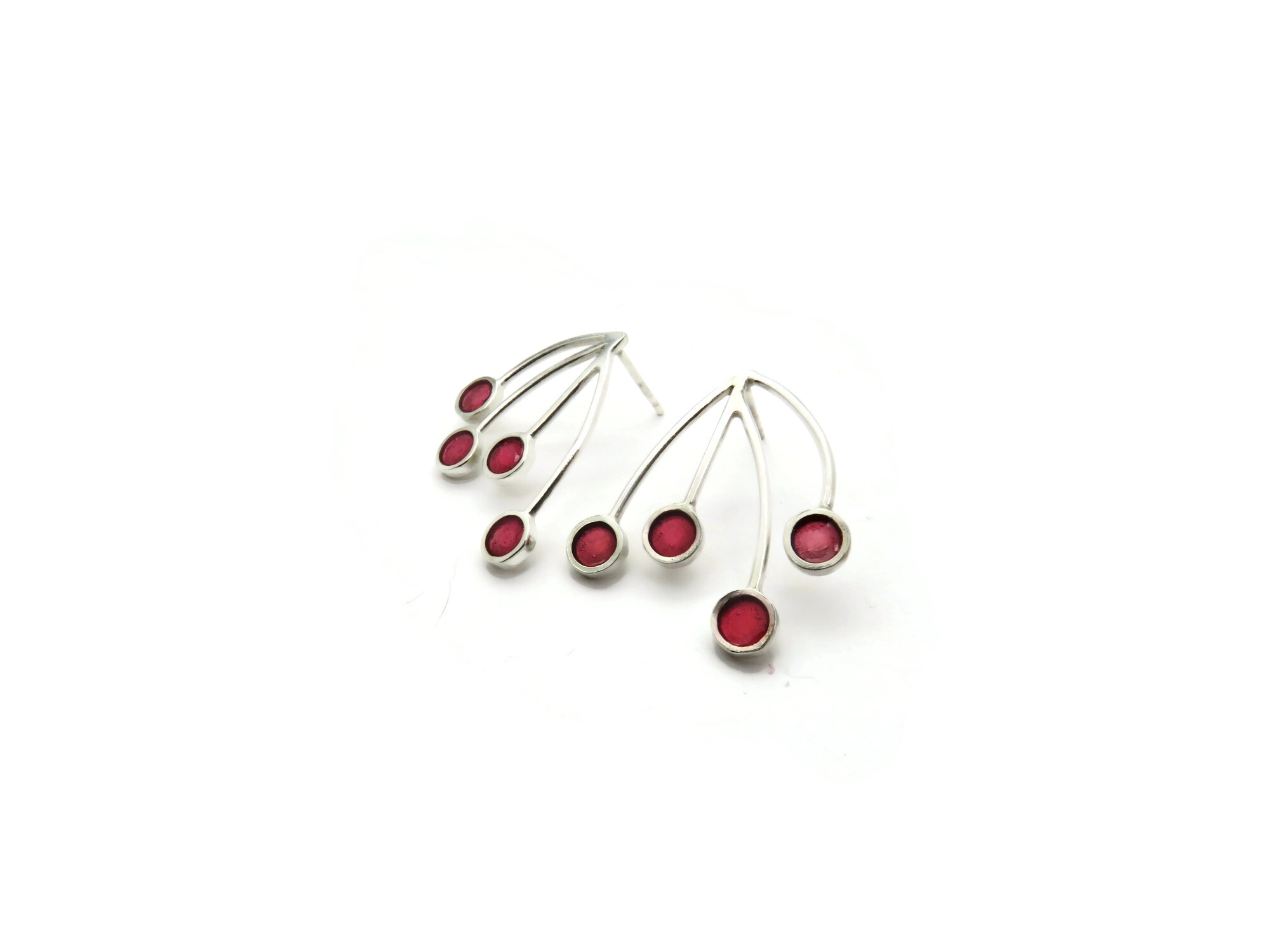Silver Stud Earrings with Red Resin