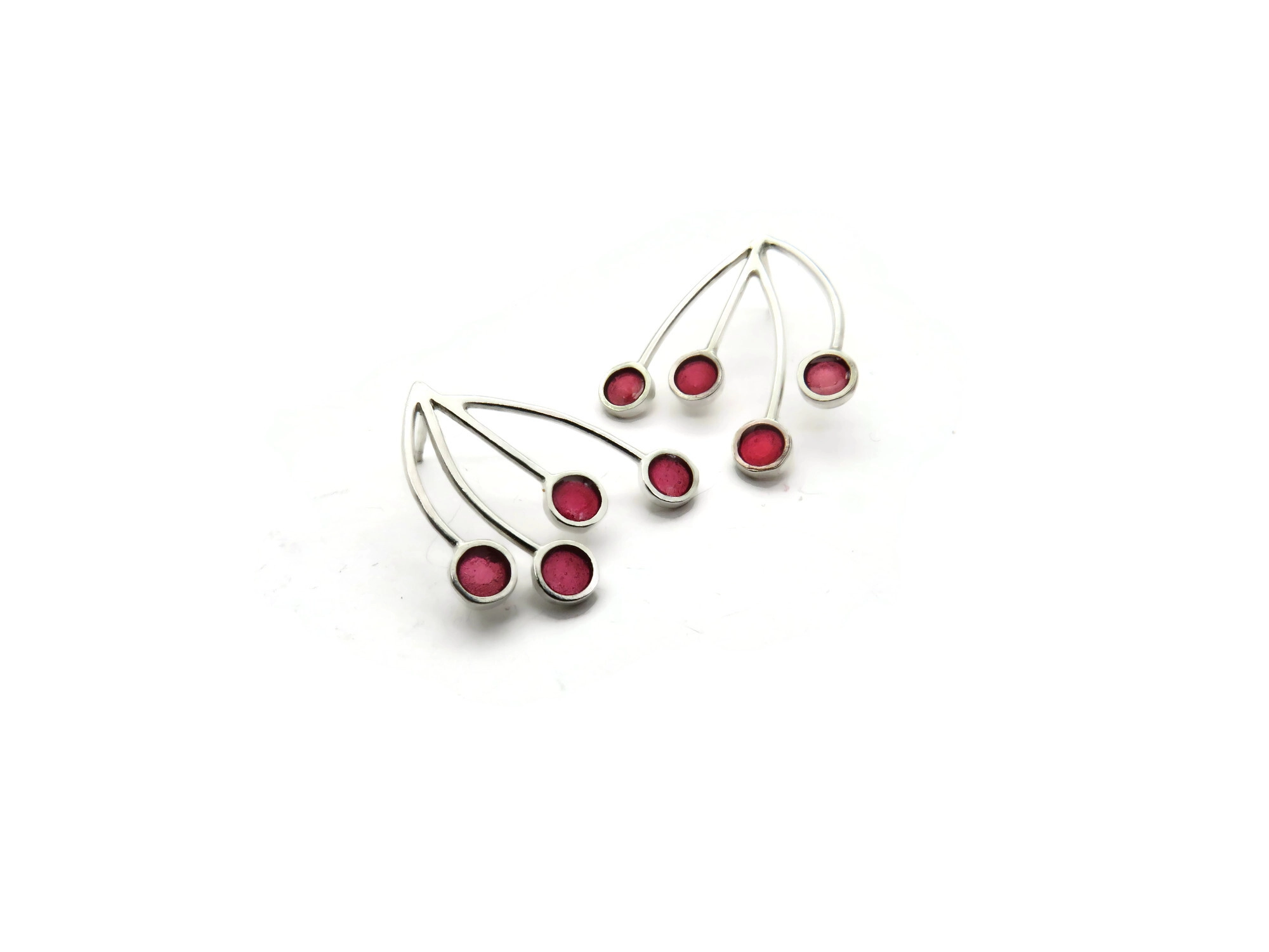 Silver Stud Earrings with Red Resin