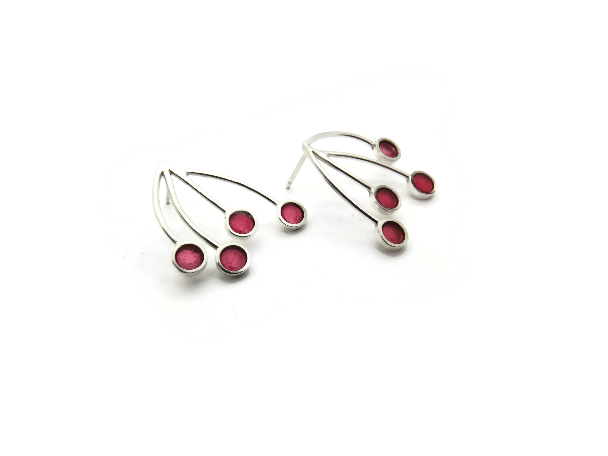Silver Stud Earrings with Red Resin