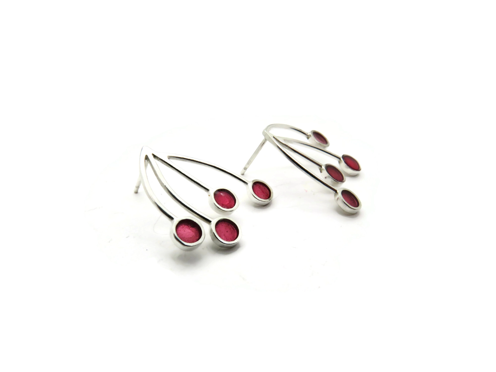 Silver Stud Earrings with Red Resin