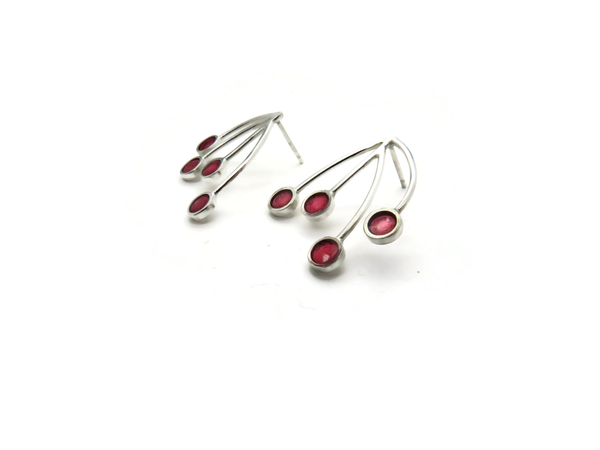 Silver Stud Earrings with Red Resin