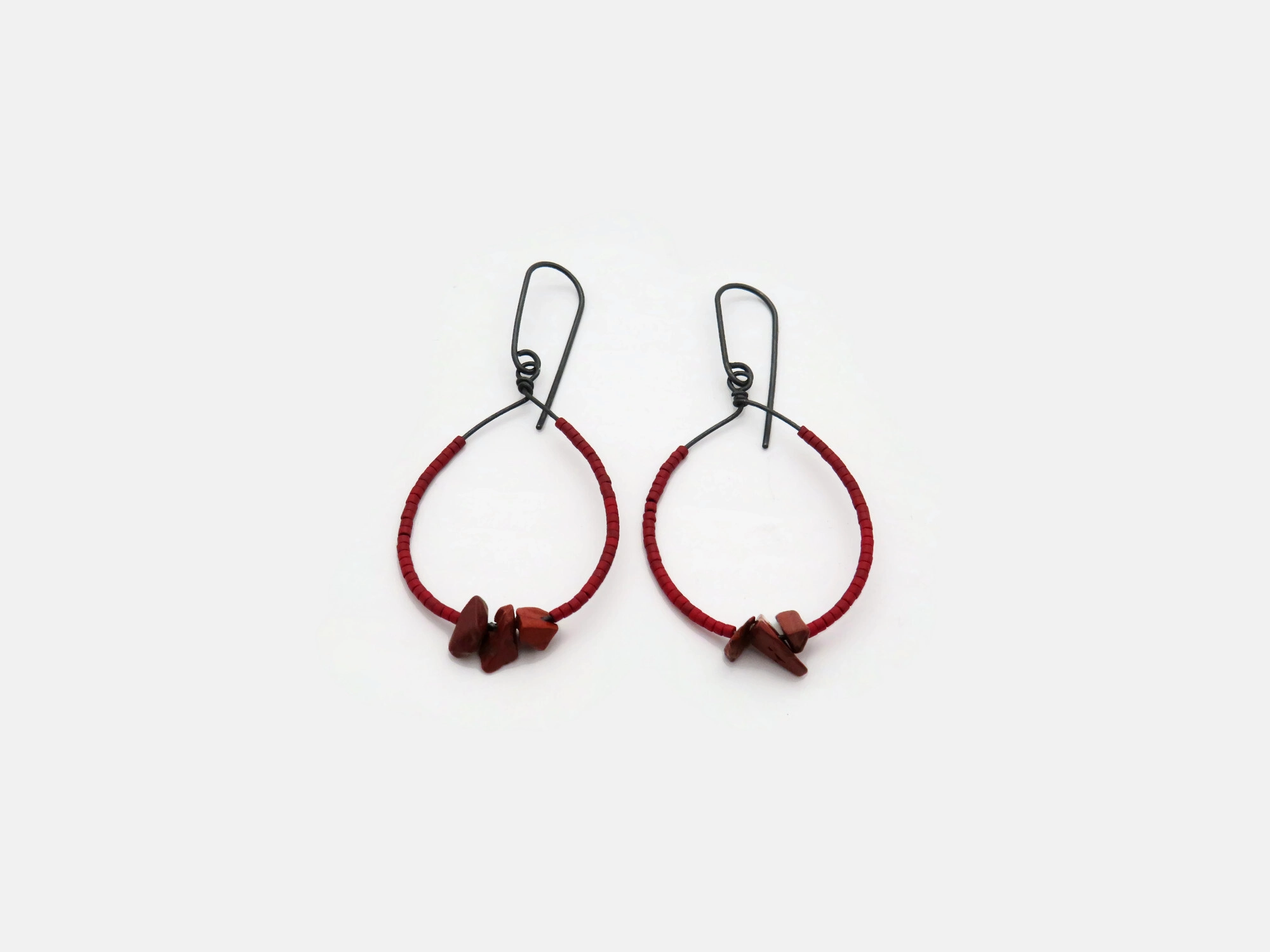 Oxidized Silver Earrings with Red Miyuki and Jasper