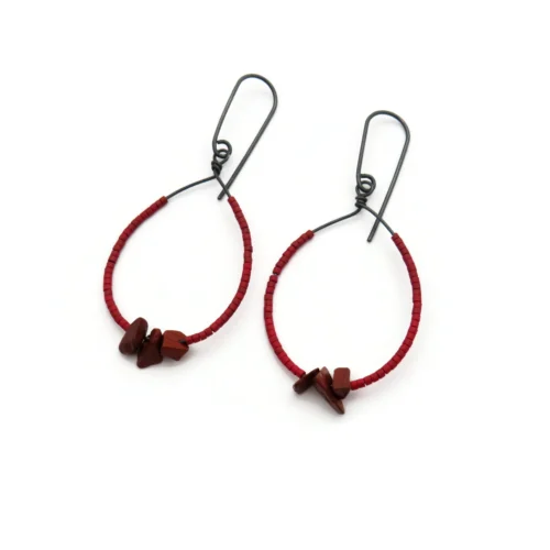 Oxidized Silver Earrings with Red Miyuki and Jasper