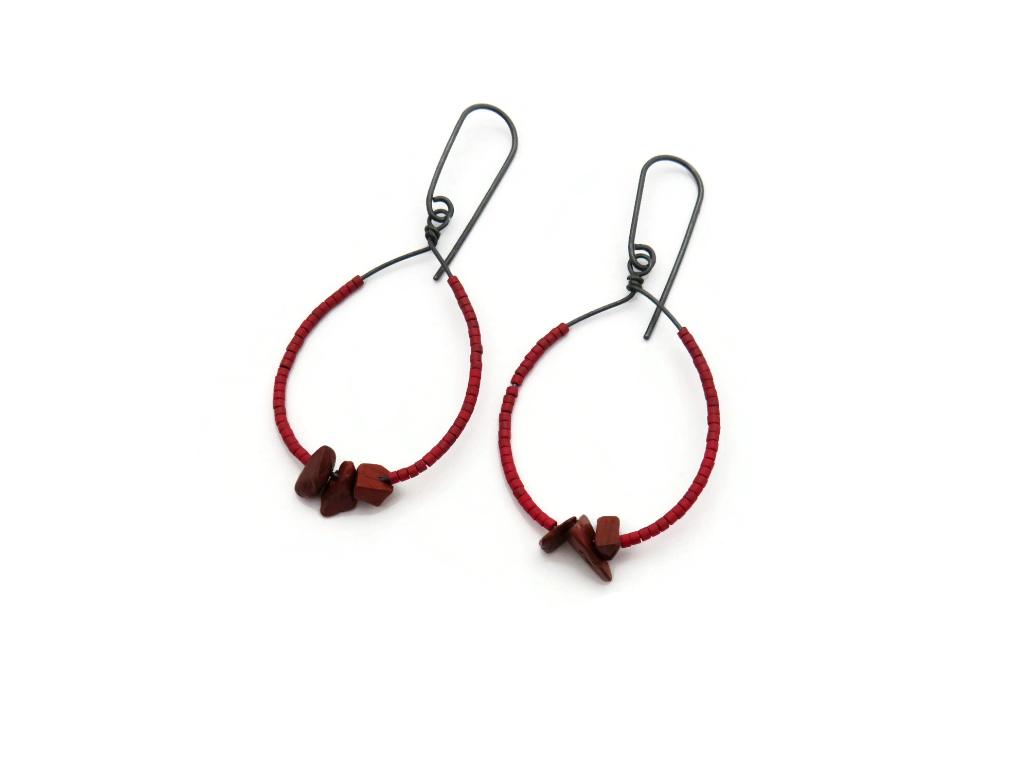 Oxidized Silver Earrings with Red Miyuki and Jasper