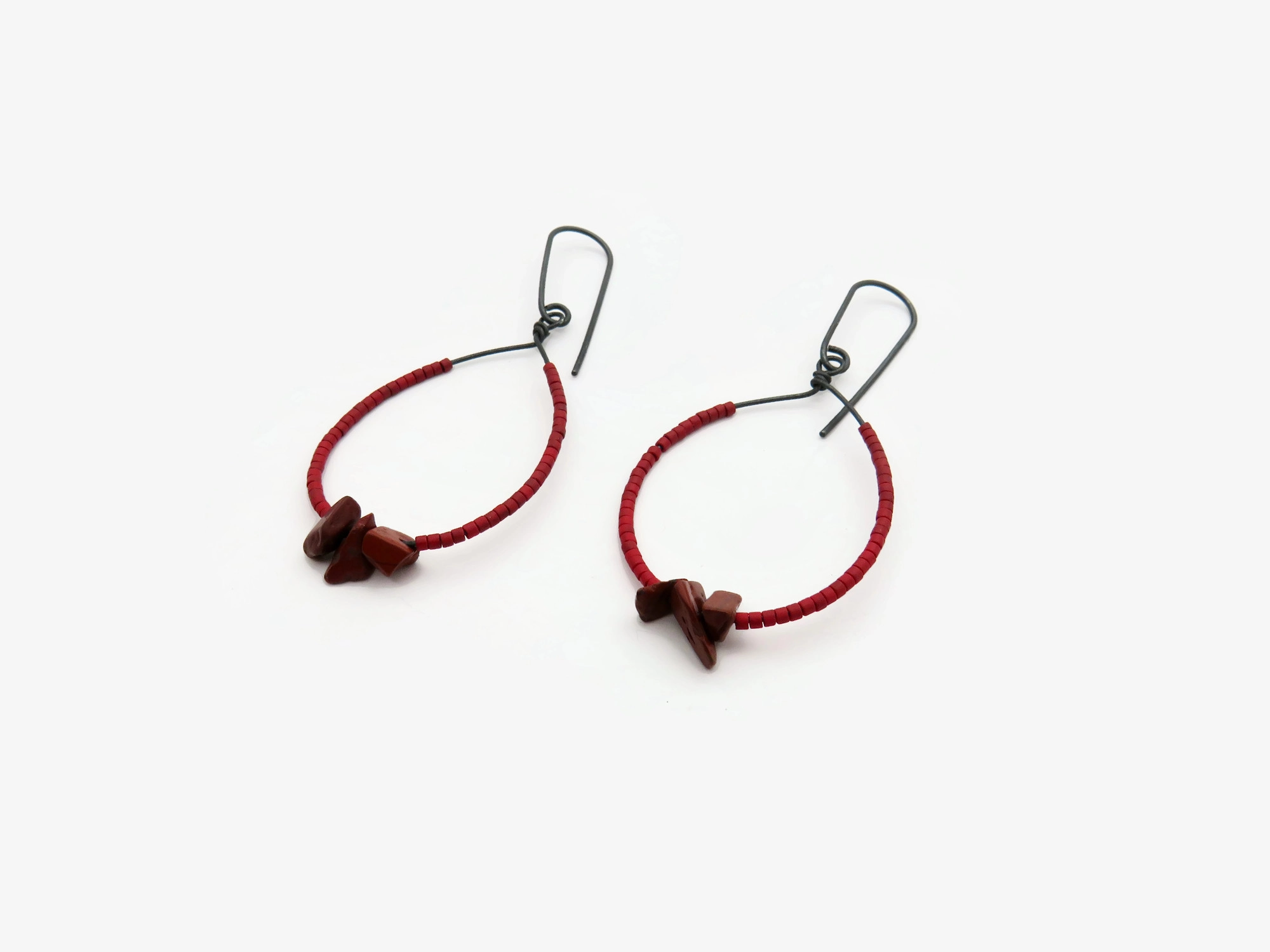 Oxidized Silver Earrings with Red Miyuki and Jasper