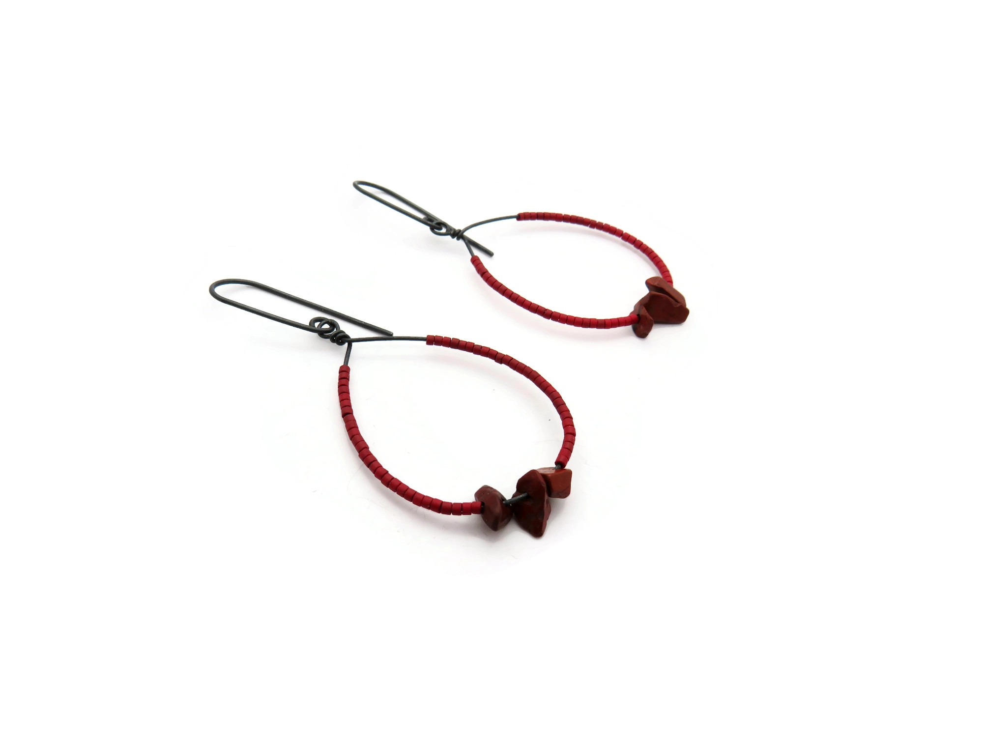 Oxidized Silver Earrings with Red Miyuki and Jasper