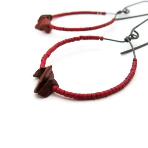 Oxidized Silver Earrings with Red Miyuki and Jasper
