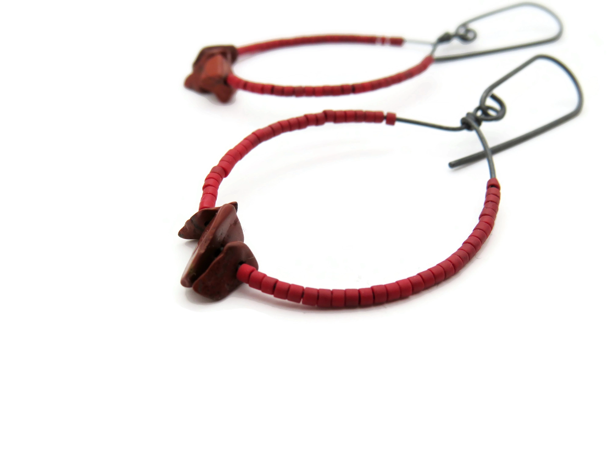 Oxidized Silver Earrings with Red Miyuki and Jasper