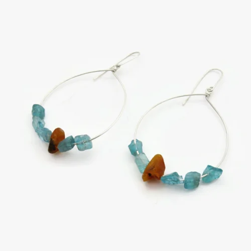 Large Silver Earrings with Aquamarine and Amber