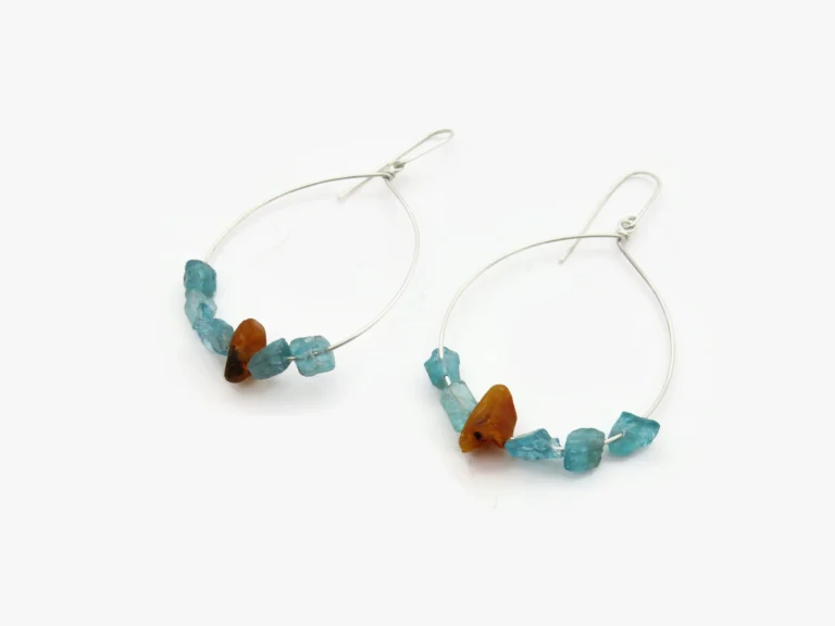 Large Silver Earrings with Aquamarine and Amber