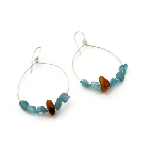 Large Silver Earrings with Aquamarine and Amber