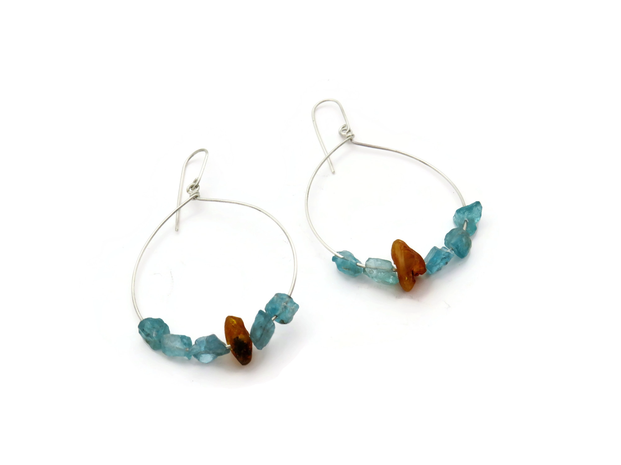 Large Silver Earrings with Aquamarine and Amber