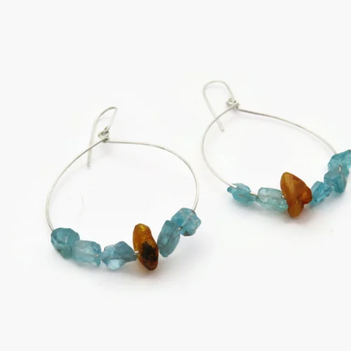 Large Silver Earrings with Aquamarine and Amber