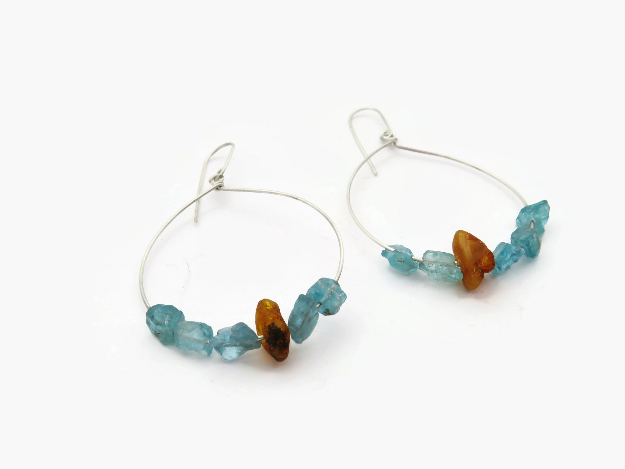 Large Silver Earrings with Aquamarine and Amber
